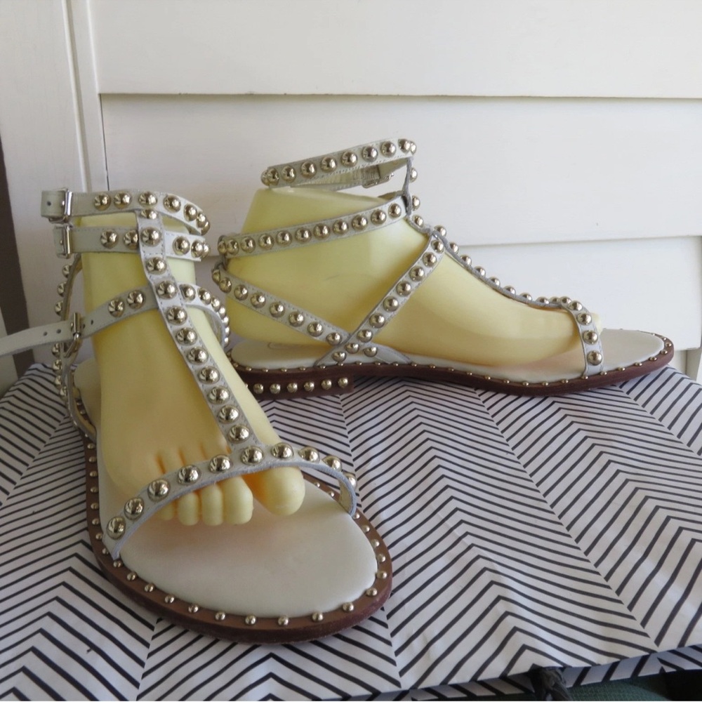 ASH Play Studded Leather White Sandals Gladiator Flats  Size 41 Women's 10.5